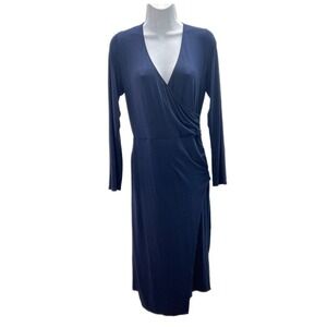 Modcloth Faux Wrap Dress Size L Navy Blue V Neck Long Sleeve Knee Length Stretch
